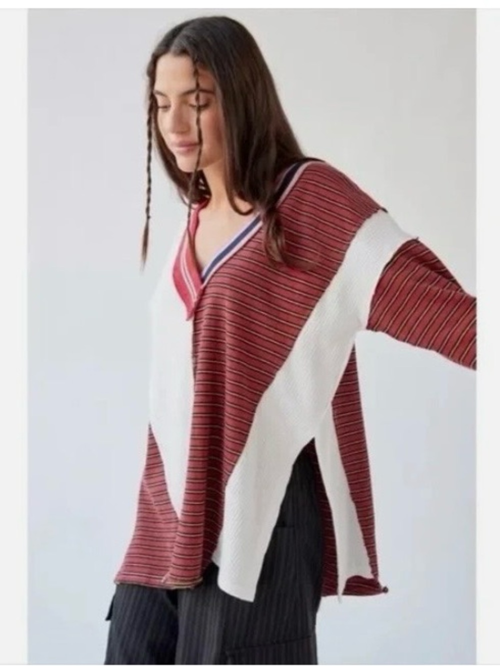 BDG Red, White and Navy V-Neck Striped Sweater with Chevron Panels